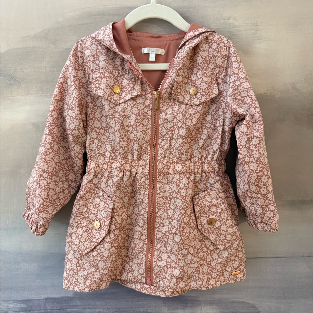 Girls Floral Pink Hooded Rain Jacket